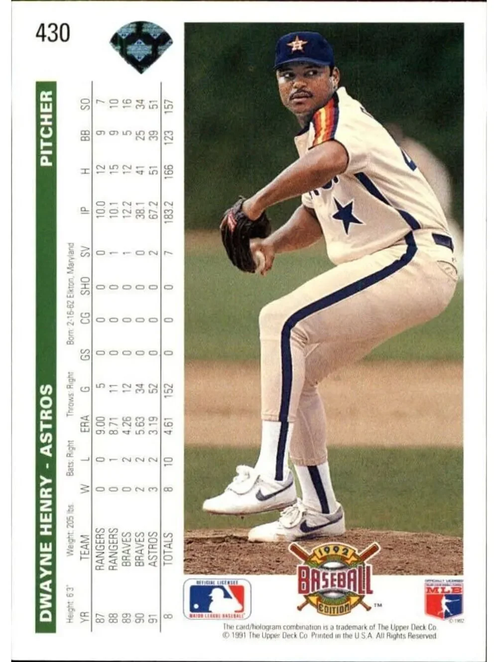 Dwayne Henry 1992 Upper Deck MLB #430 Baseball Card Houston Astros